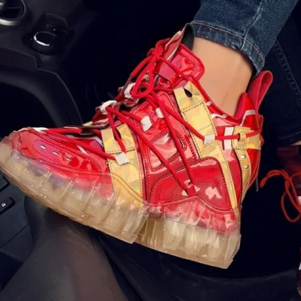 Women's Red Metallic Platform Sneakers with Gold Accents - Picture 3 of 6
